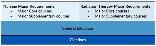 Infographic showing the components of the B.S. degree as building blocks, with General Education and Electives forming the base and with major core and major supplementary requirements for each major in smaller blocks on top.